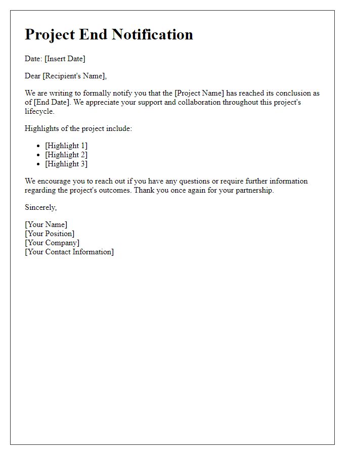 Letter template of project end notification