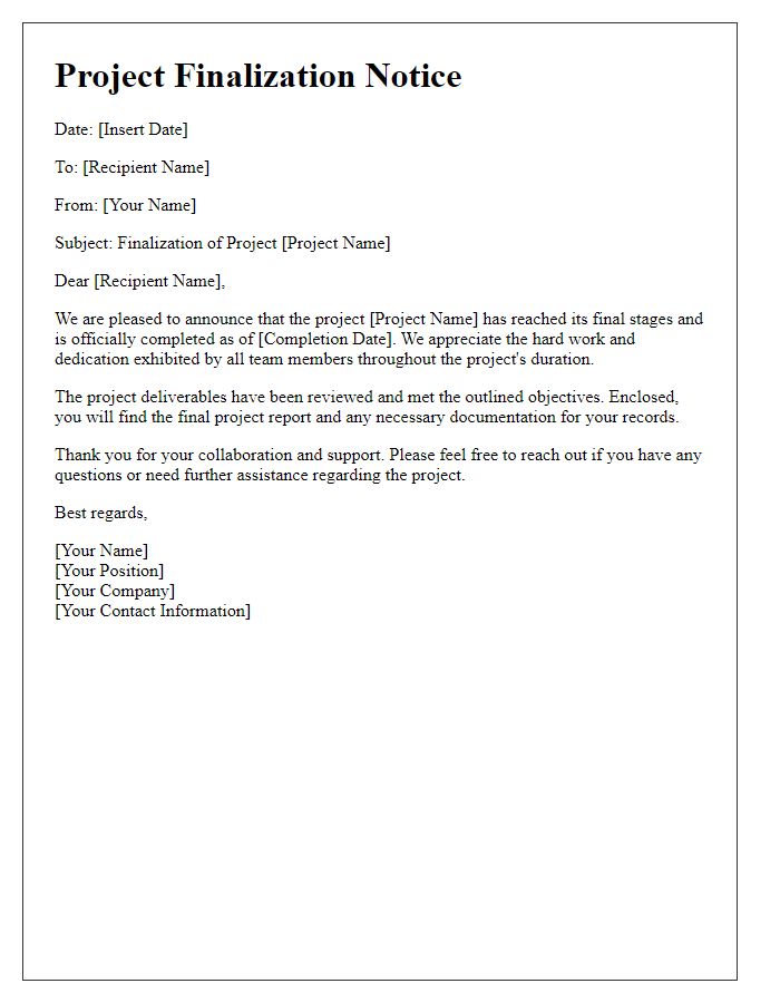 Letter template of project finalization notice