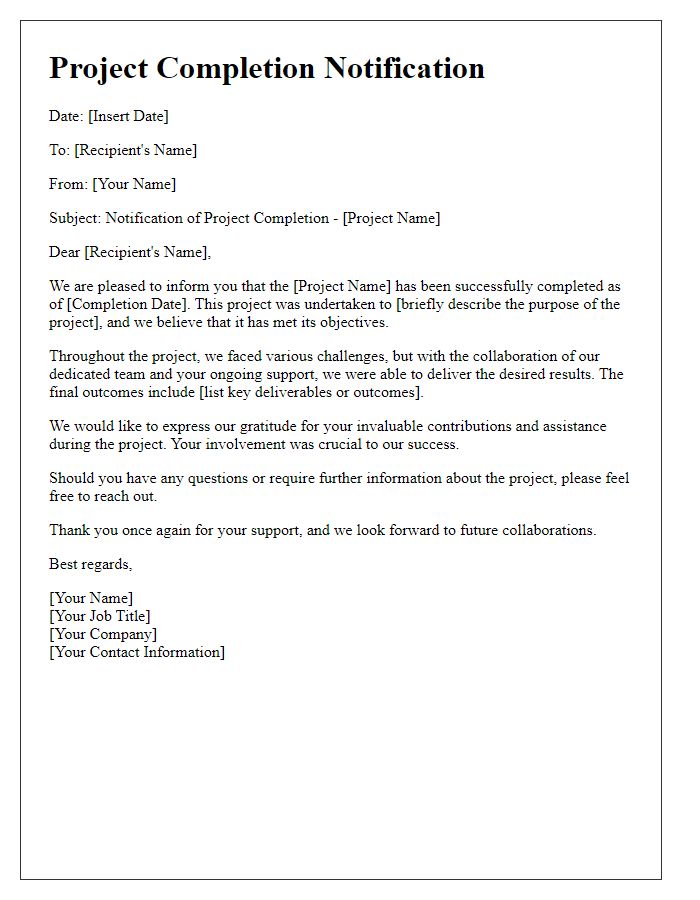 Letter template of project finish notification