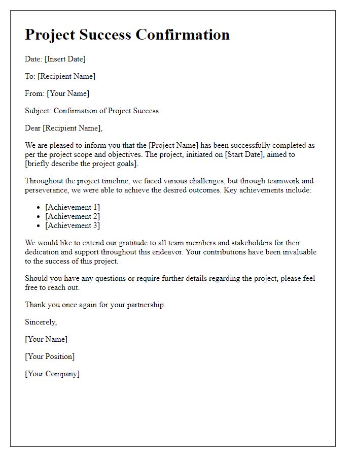 Letter template of project success confirmation