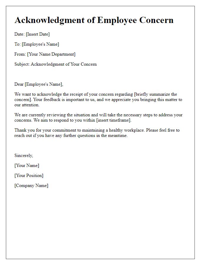 Letter template of Acknowledgment for Employee Concern