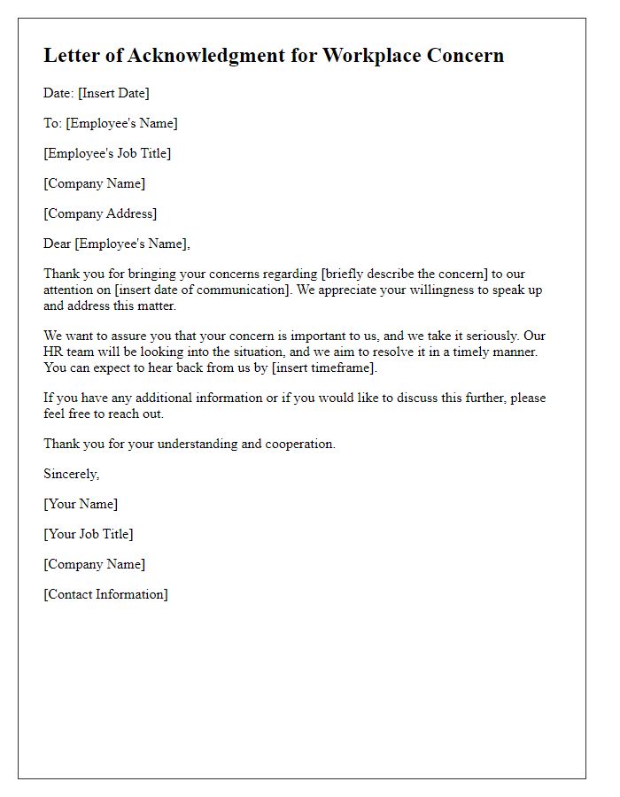 Letter template of Acknowledgment for Workplace Concern