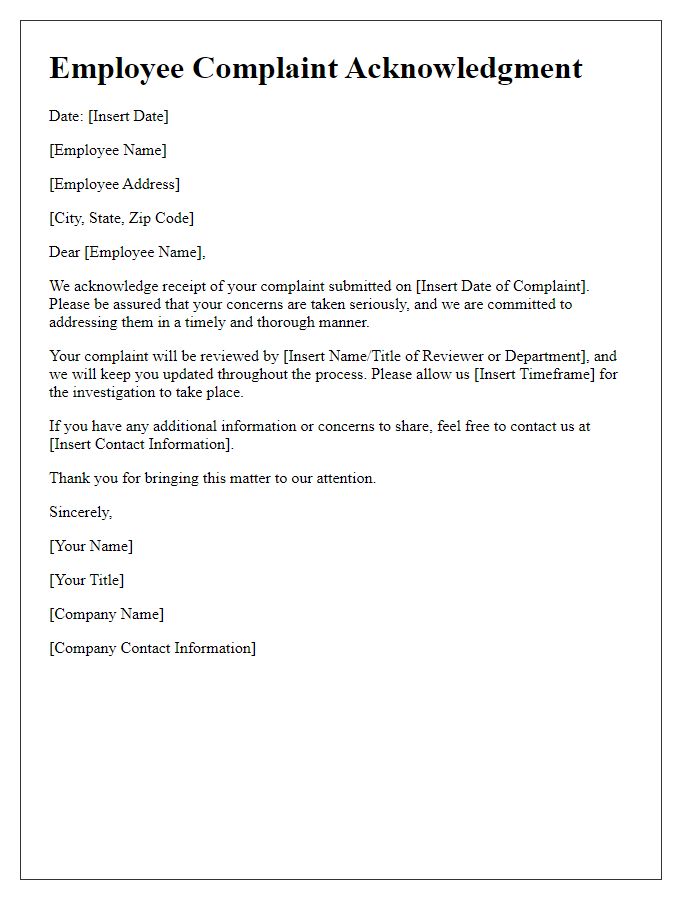 Letter template of Employee Complaint Acknowledgment