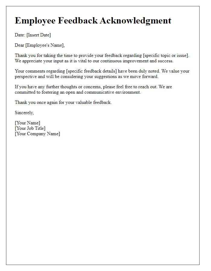 Letter template of Employee Feedback Acknowledgment