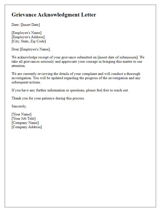 Letter template of Grievance Acknowledgment for Staff Member