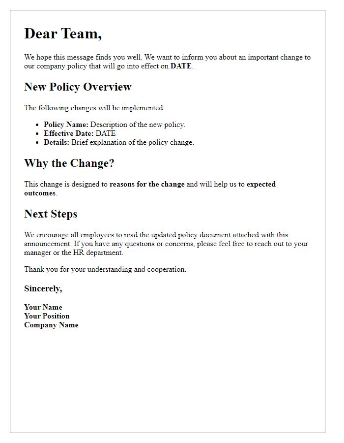 Letter template of policy change announcement for employees.