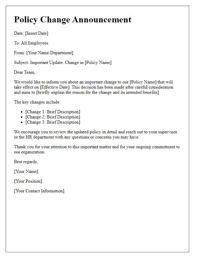 Letter template of policy change announcement for internal communications.