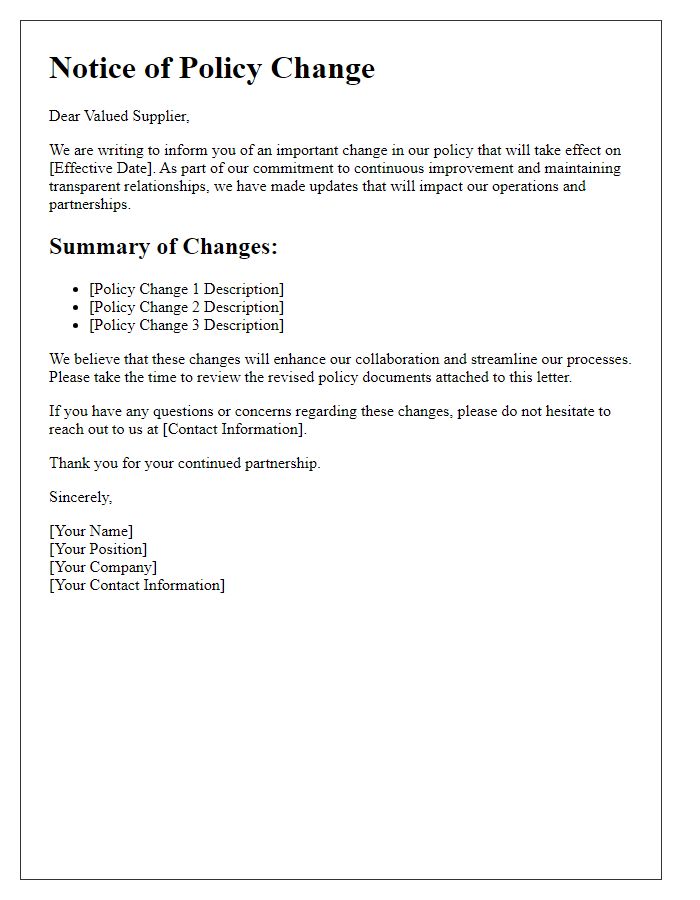 Letter template of policy change announcement for suppliers.