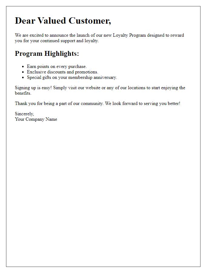 Letter template of Loyalty Program Introduction