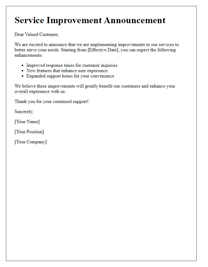 Letter template of Service Improvement Announcement
