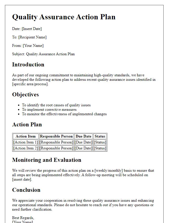 Letter template of quality assurance action plan