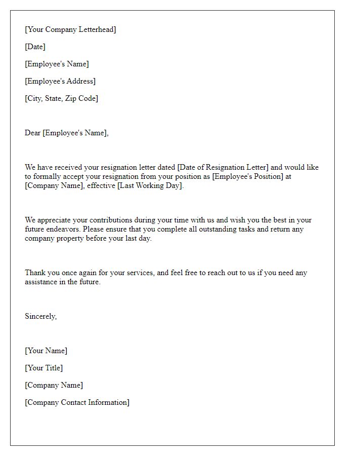 Letter template of Acceptance of Employee Resignation