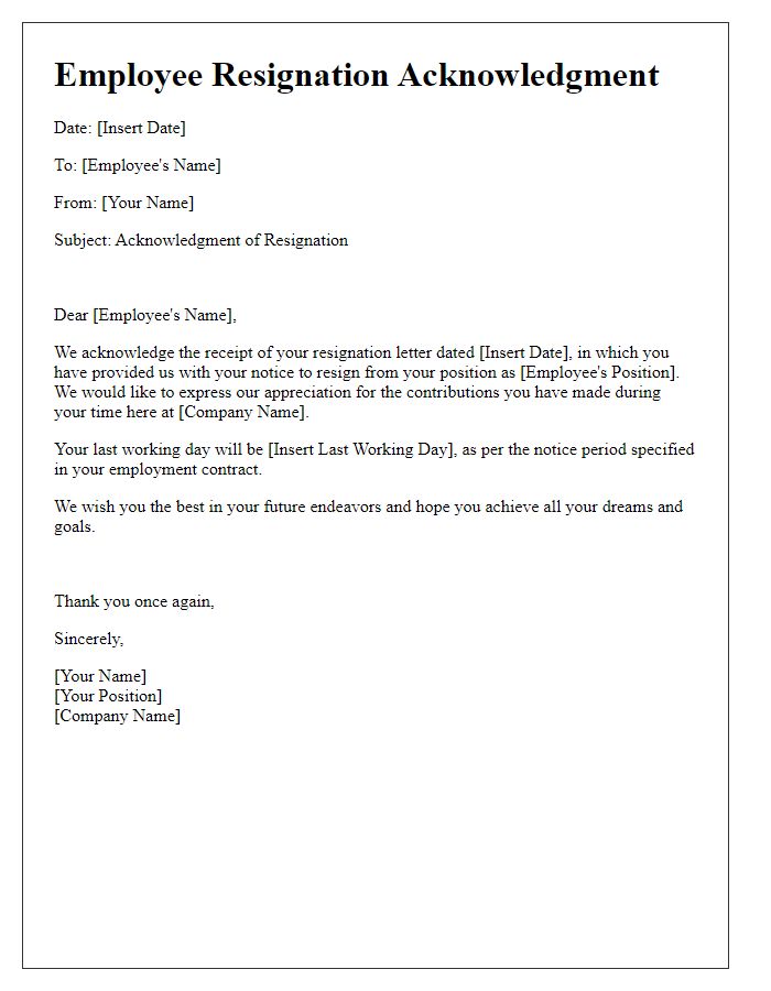 Letter template of Employee Resignation Acknowledgment