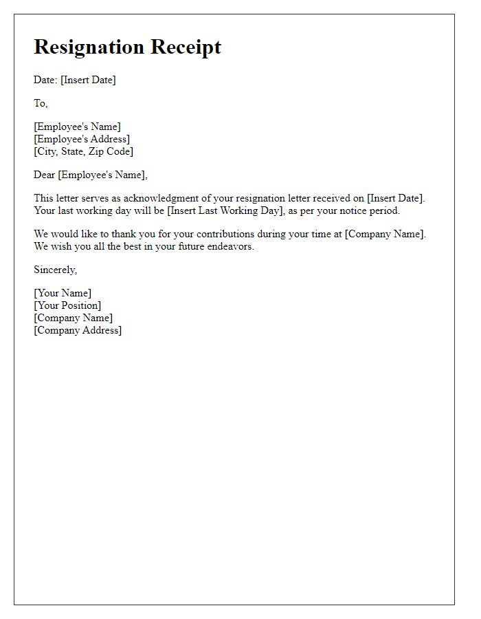 Letter template of Formal Resignation Receipt