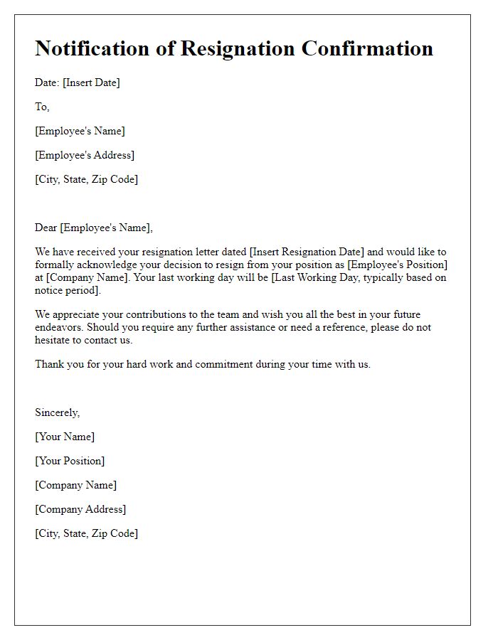 Letter template of Notification of Resignation Confirmation