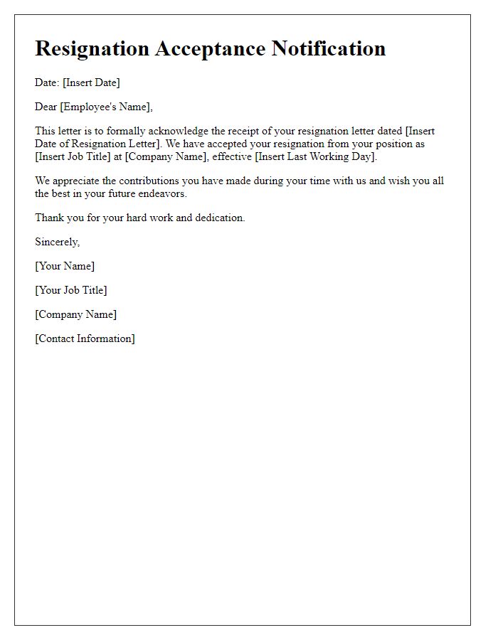 Letter template of Resignation Acceptance Notification