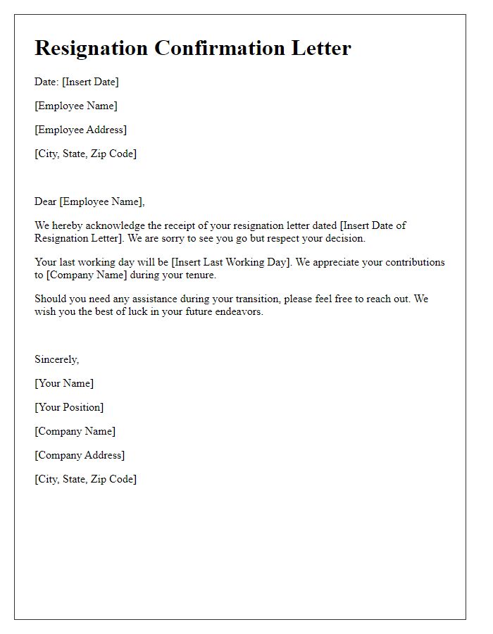 Letter template of Resignation Confirmation for Staff Member