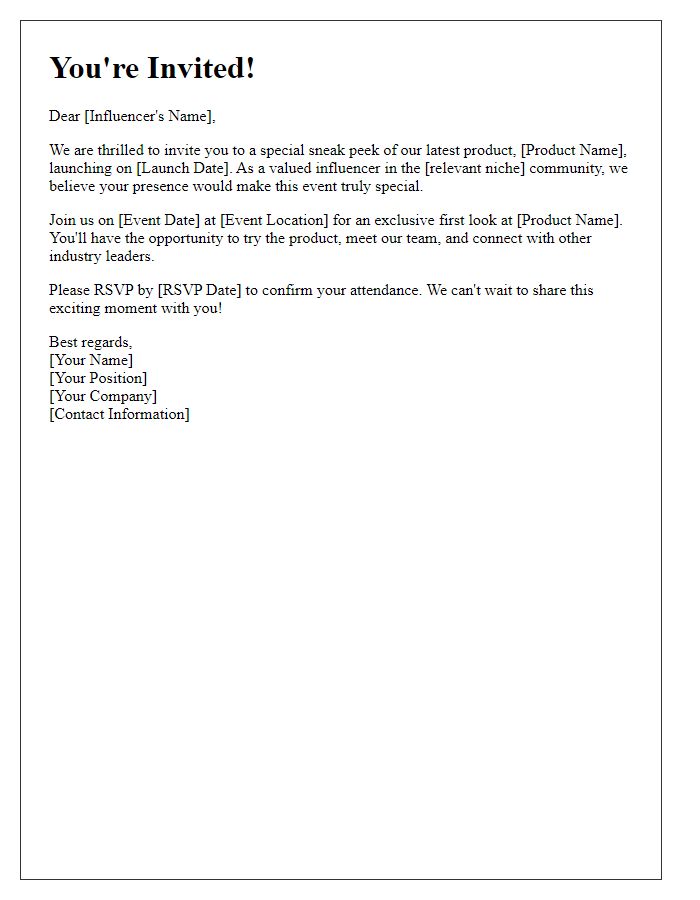 Letter template of influencer invitation for product sneak peek