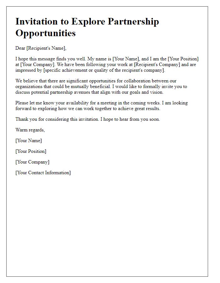 Letter template of an invitation to explore partnership opportunities