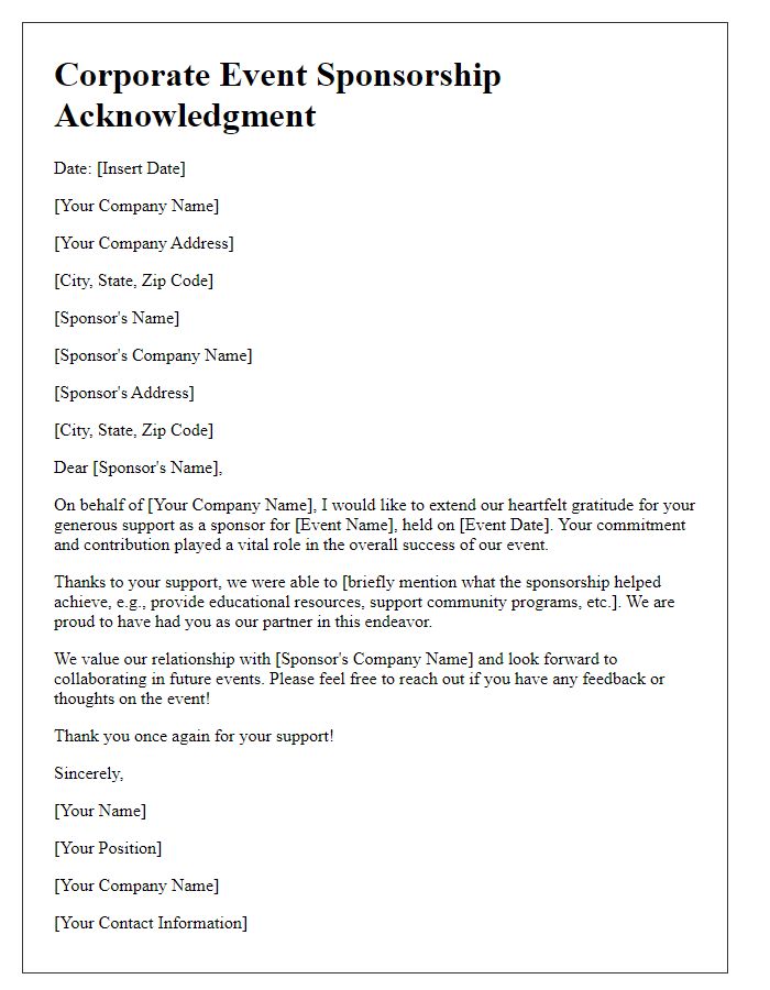 Letter template of corporate event sponsorship acknowledgment.