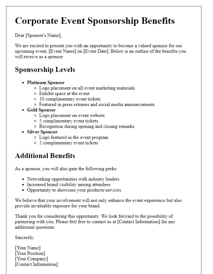 Letter template of corporate event sponsorship benefits outline.