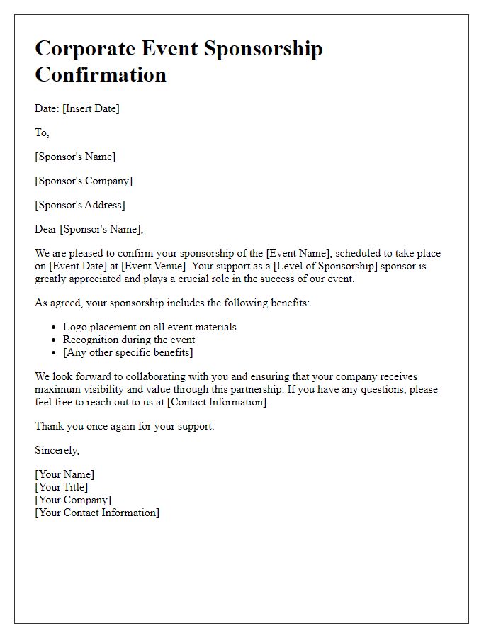 Letter template of corporate event sponsorship confirmation.