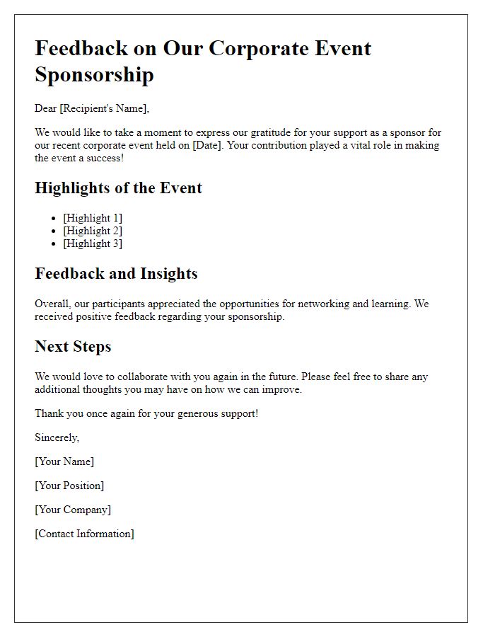 Letter template of corporate event sponsorship feedback.