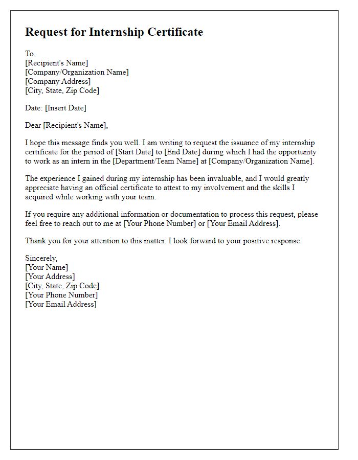 Letter template of internship certificate request