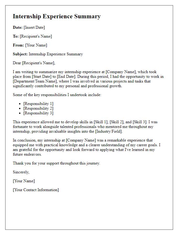 Letter template of internship experience summary