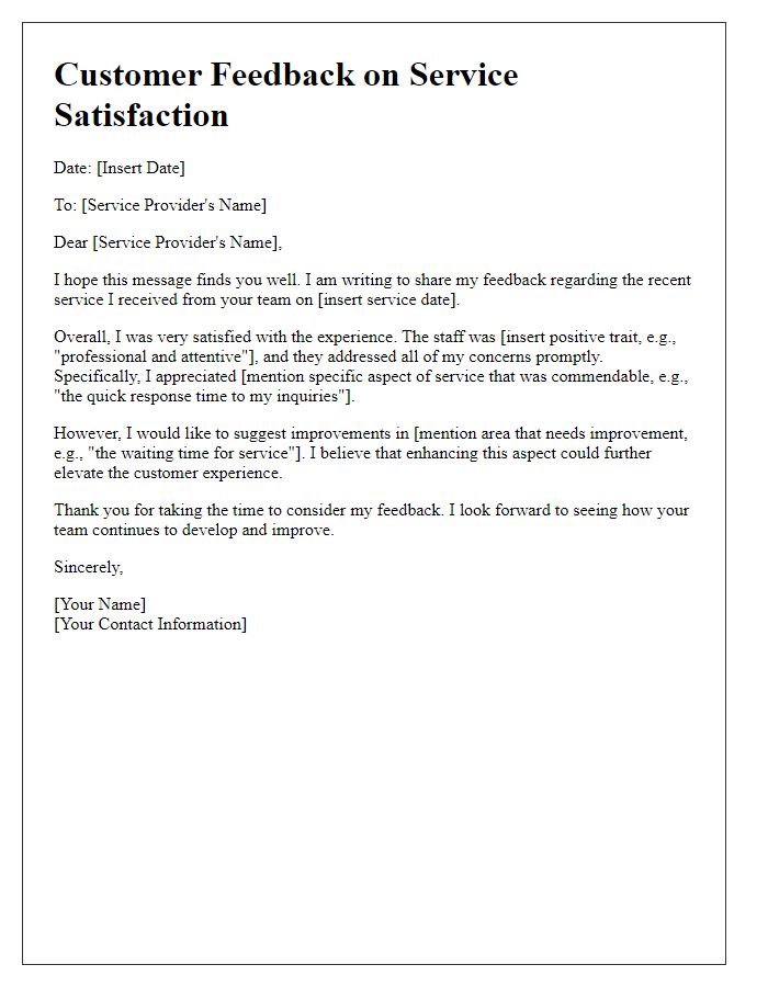 Letter template of commentary on service satisfaction