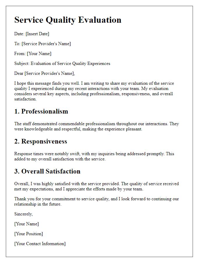 Letter template of evaluating service quality experiences