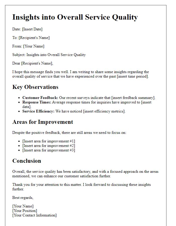 Letter template of insights into overall service quality