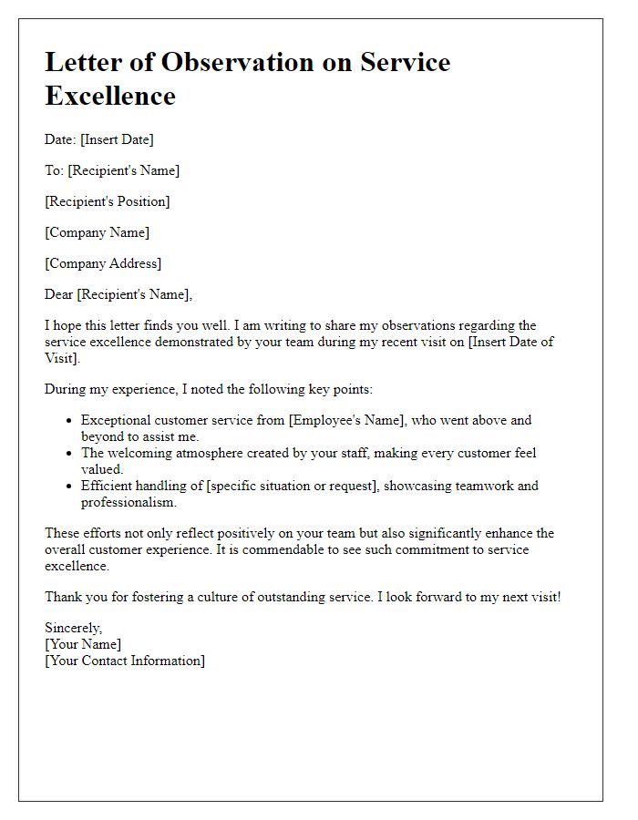 Letter template of observations on service excellence