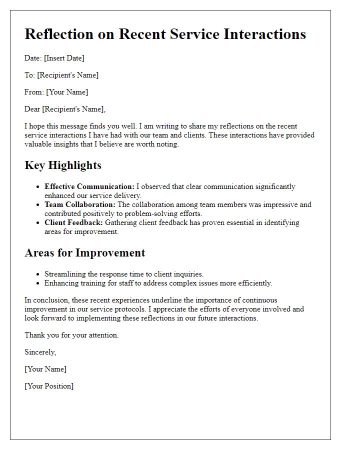 Letter template of reflections on recent service interactions