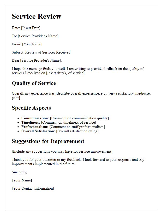 Letter template of review on the quality of services received