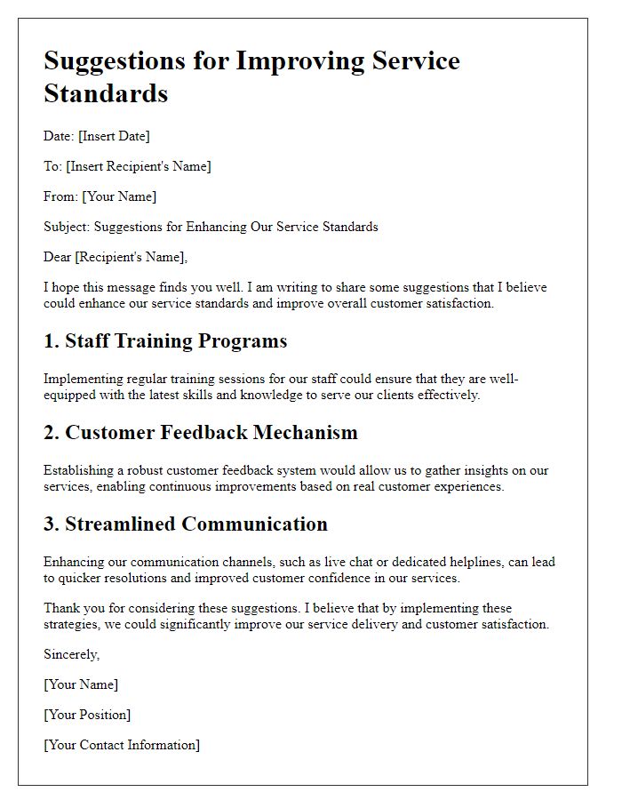 Letter template of suggestions for improving service standards