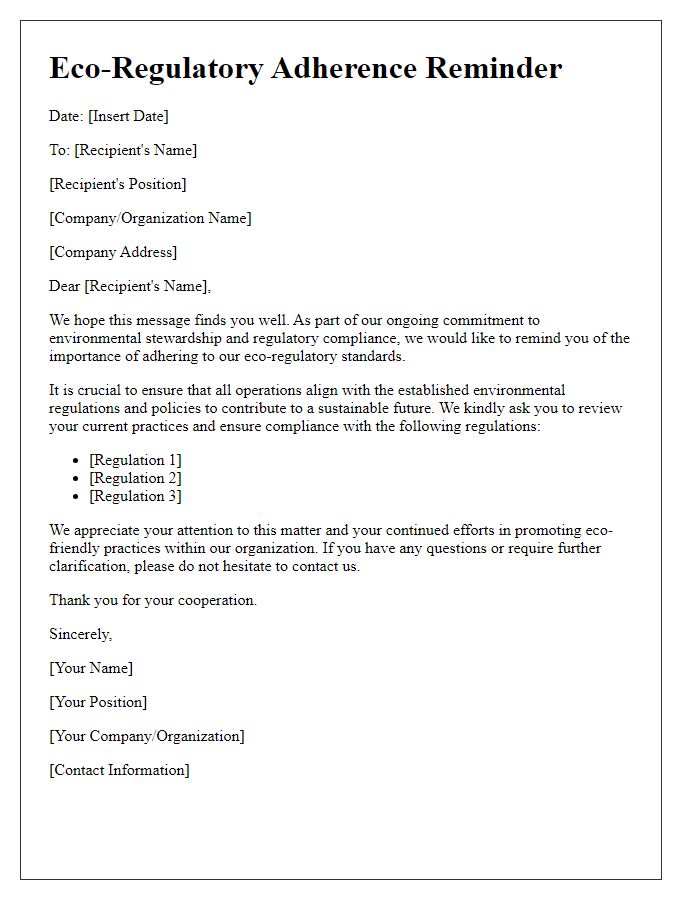 Letter template of Eco-Regulatory Adherence Reminder