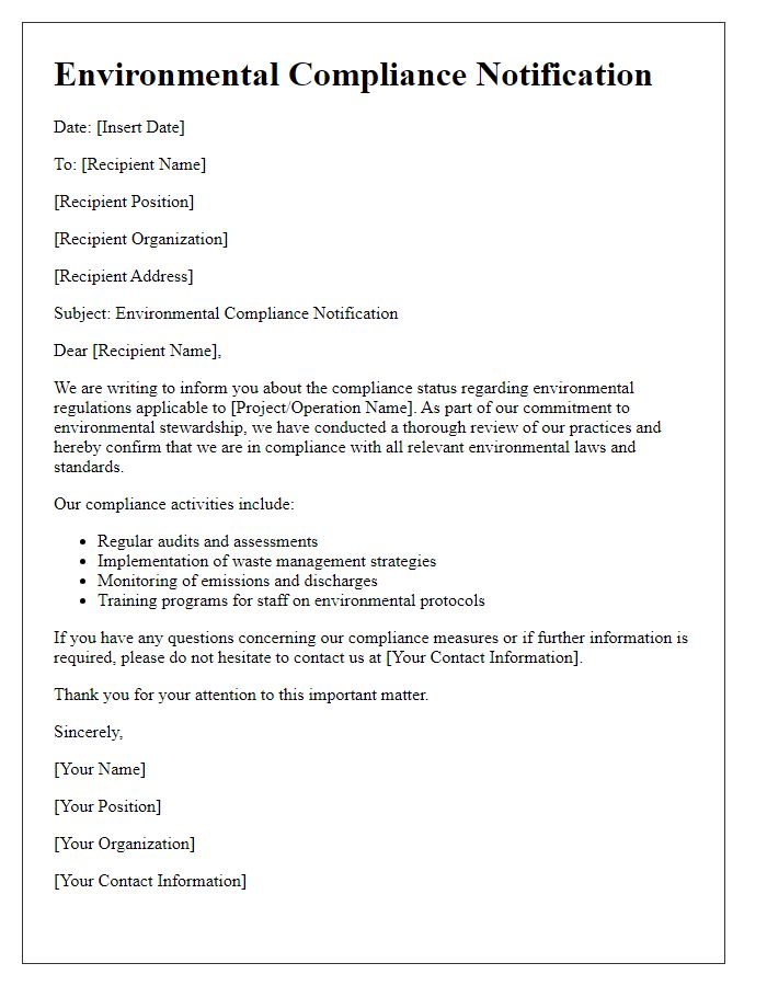 Letter template of Environmental Compliance Notification