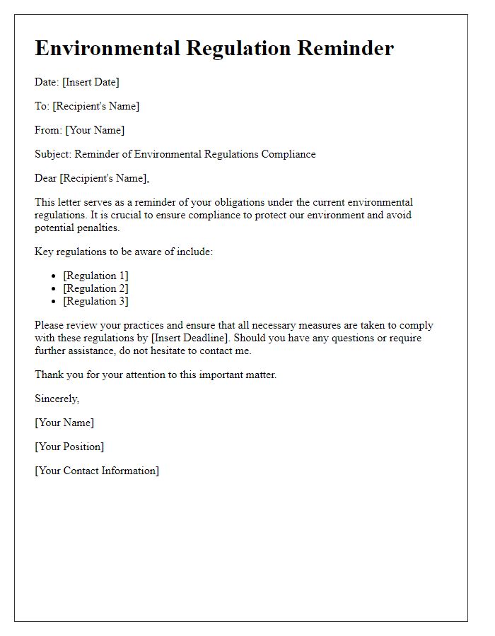 Letter template of Environmental Regulation Reminder