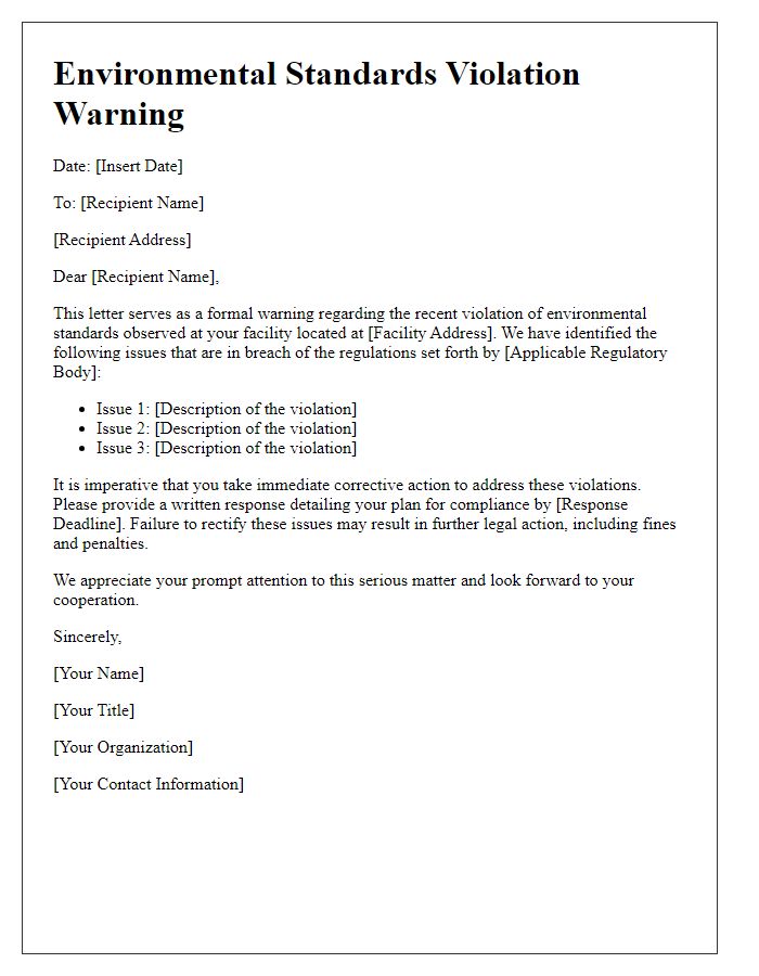 Letter template of Environmental Standards Violation Warning