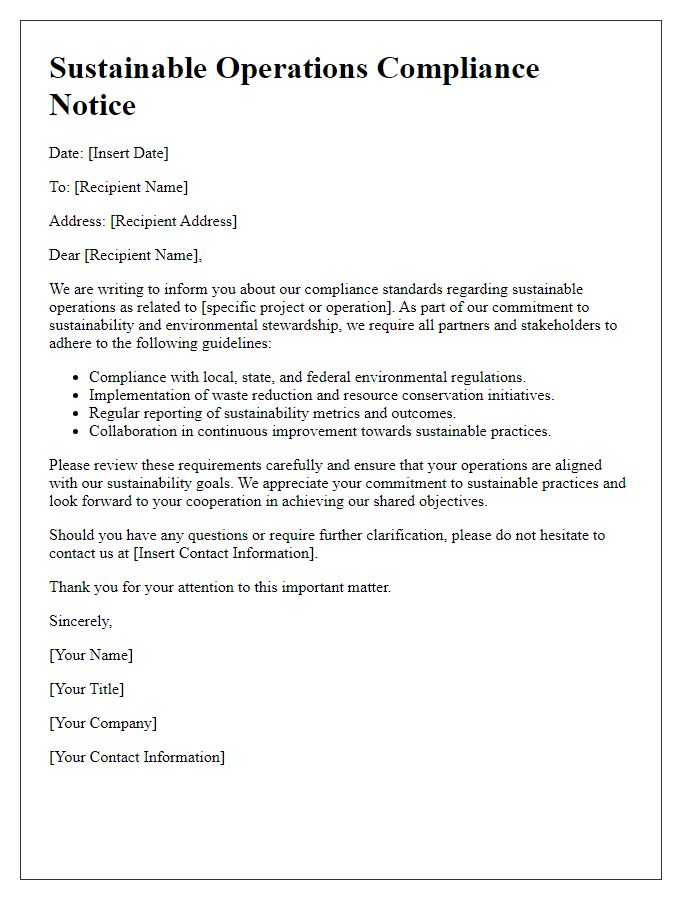 Letter template of Sustainable Operations Compliance Notice