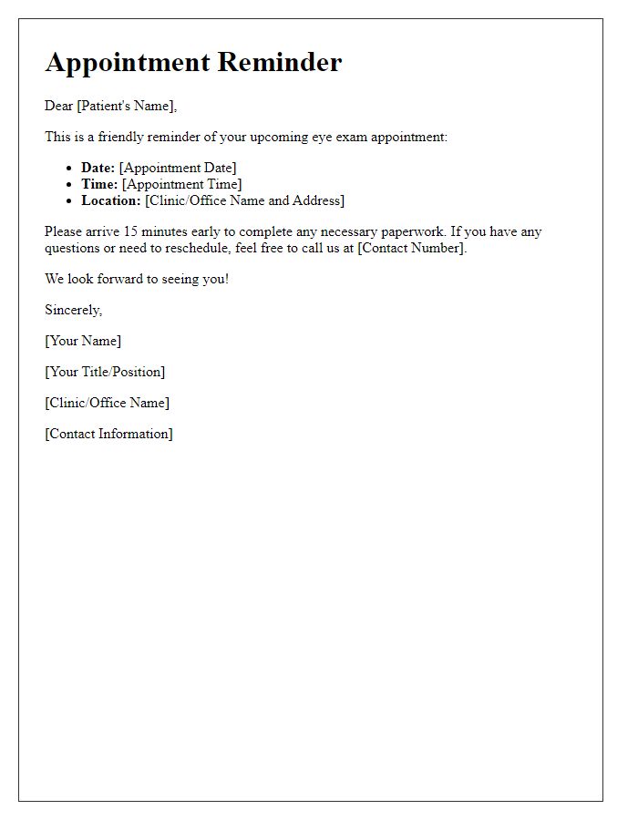 Letter template of Appointment Reminder for Eye Exam