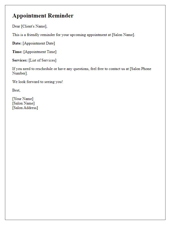 Letter template of Appointment Reminder for Hair Salon Visit