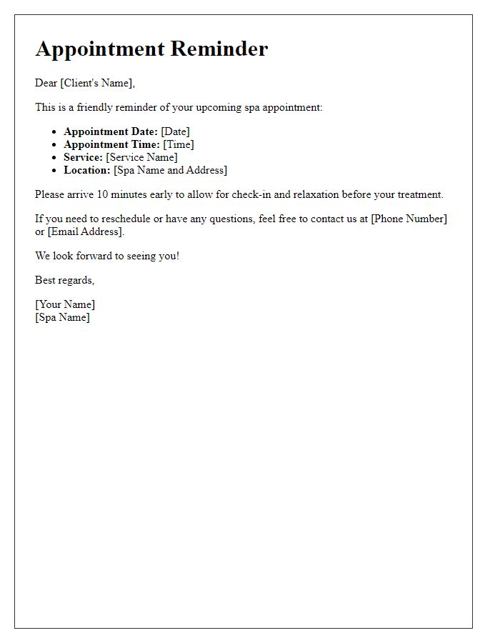 Letter template of Appointment Reminder for Spa Appointment