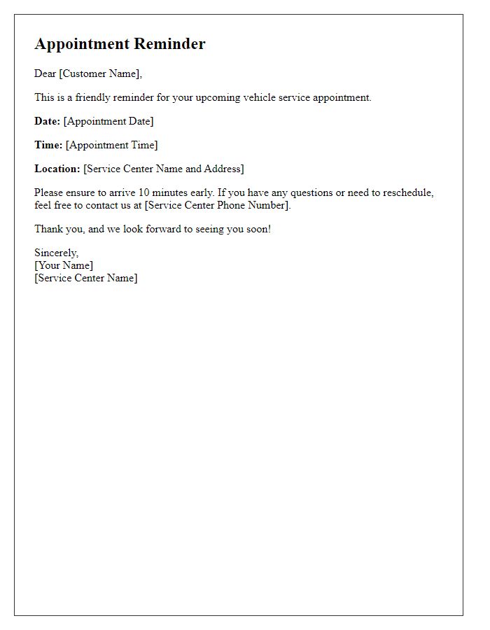 Letter template of Appointment Reminder for Vehicle Service