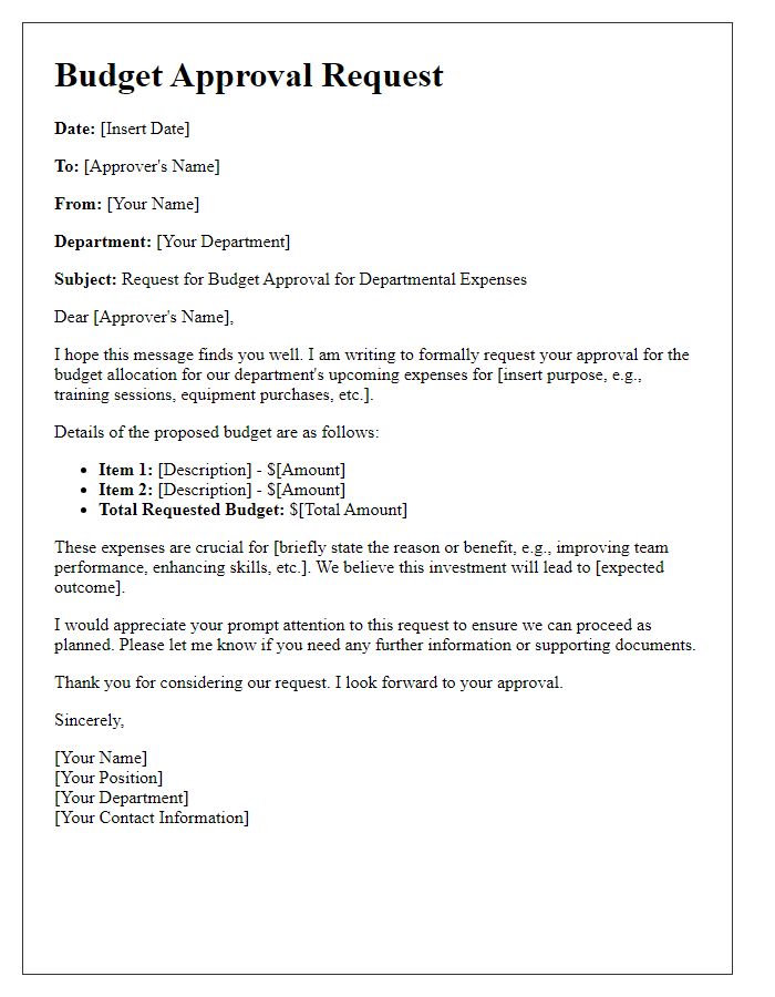 Letter template of budget approval request for departmental expenses.