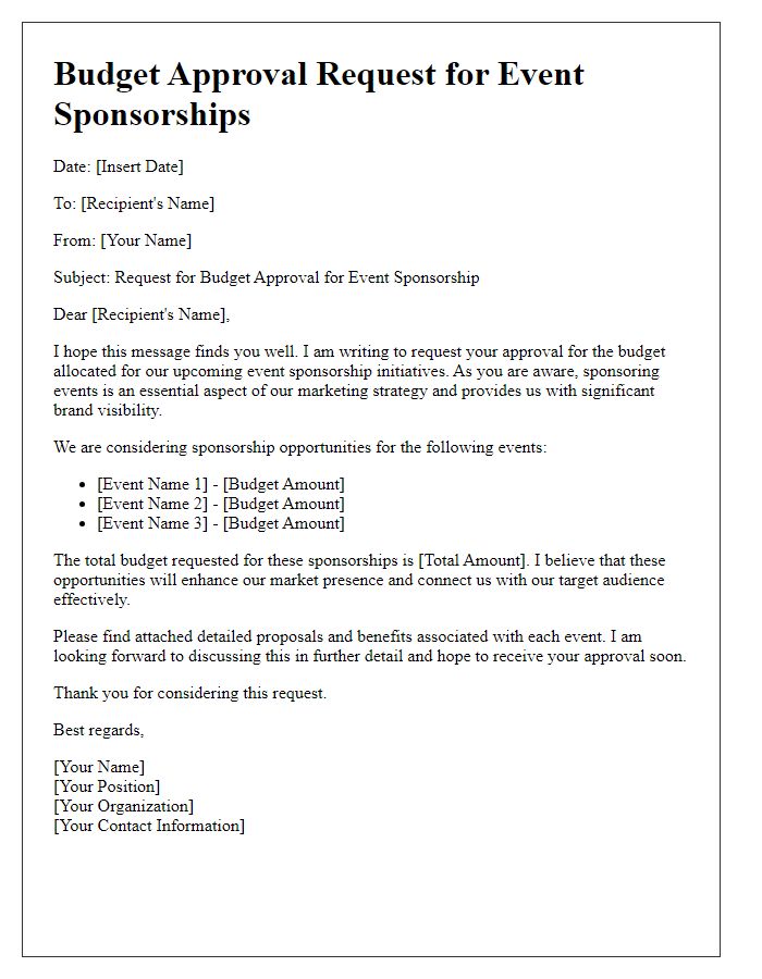 Letter template of budget approval request for event sponsorships.