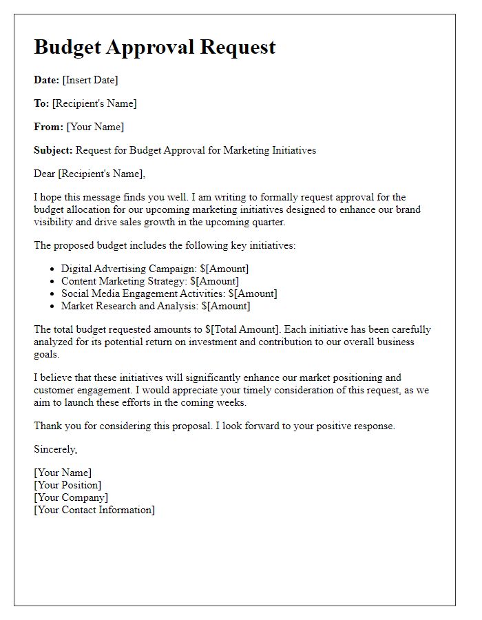 Letter template of budget approval request for marketing initiatives.