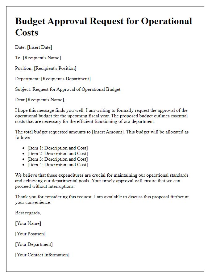 Letter template of budget approval request for operational costs.