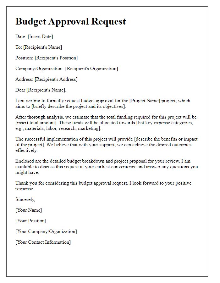 Letter template of budget approval request for project funding.